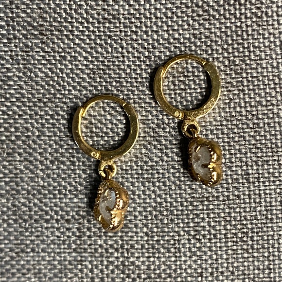 Gold Tone Huggie Hoop Earrings with Clover Charm | Mother-of-Pearl Look - Picture 3 of 5